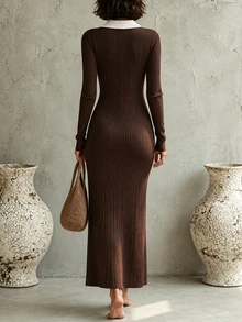 SHEIN New Ribbed Knit Midi Dress, Polo Collar Off-White Contrast, Slim Bodycon For Fall Winter - Coffee Brown - View 2
