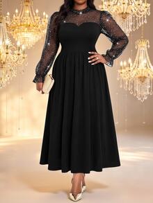 Fleurora Plus Size Women's Patchwork Glitter Mesh Elegant Dress Fall - Black - View 4