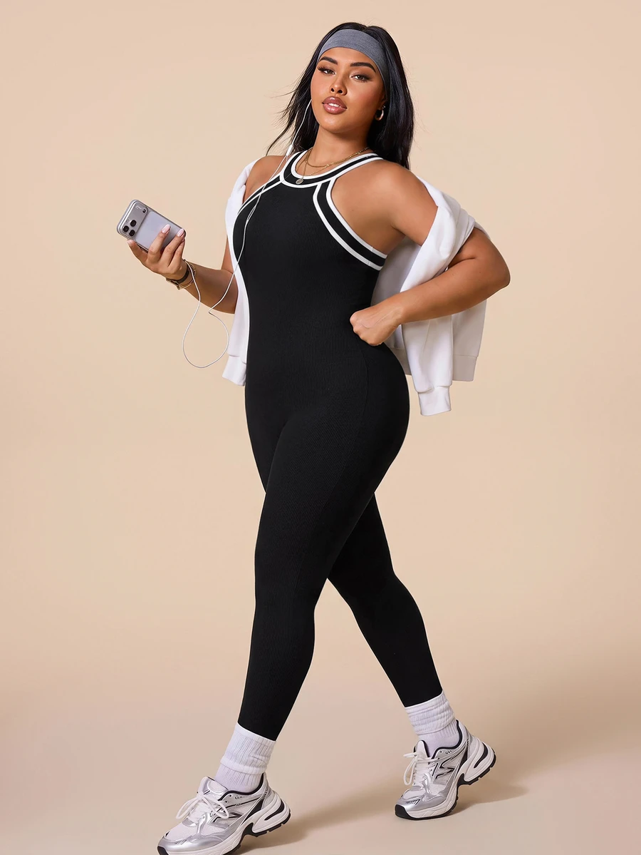 SHEIN Rhythm Era Women's Plus Size Halter Neck Fitted Sports Jumpsuit - Black - View 1