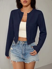 SHEIN PETITE 女款素色單排扣休閒長袖開襟衫 - 藏蓝色 - 查看 1