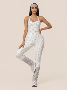 SHEIN BAE Women White Polka Dot Backless Athletic Jumpsuit Gym Workout Training Running Yoga Sports Bodysuit - White - View 4