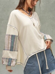 Bohemela Casual Loose Plaid Patchwork Women's Sweatshirt - Multicolor - View 3