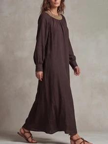 SHEIN Women's Long Round Neck Loose Straight Vintage Long Sleeve Robe Dress - Coffee - View 6