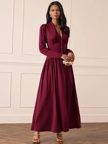 Lilora Women's Elegant High-End Deep V-Neck Decorative Button Dress, Commute, Gathering Dinner Cocktail, Party, Wedding, Autumn, Winter, Burgundy Red - Red - View 4