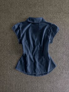 IslaSuriya 女款極簡單排扣百褶腰設計襯衫，適合日常穿著 - 寶藍色 - 查看 2