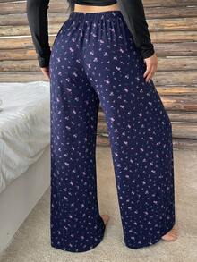 Dazy Plus Plus Size Women's Solid Color Elastic Waist Loose Drawstring Straight Leg Lounge Pants - Blue - View 2