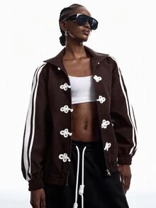 LYSMO Women's Frog Button Design Side Stripe Lightweight Jacket - Brown - View 7