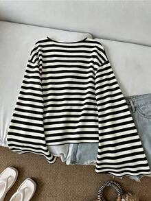 INAWLY Women's Autumn Casual Striped Bell Sleeve Tie-Front Top - Black and White - View 2