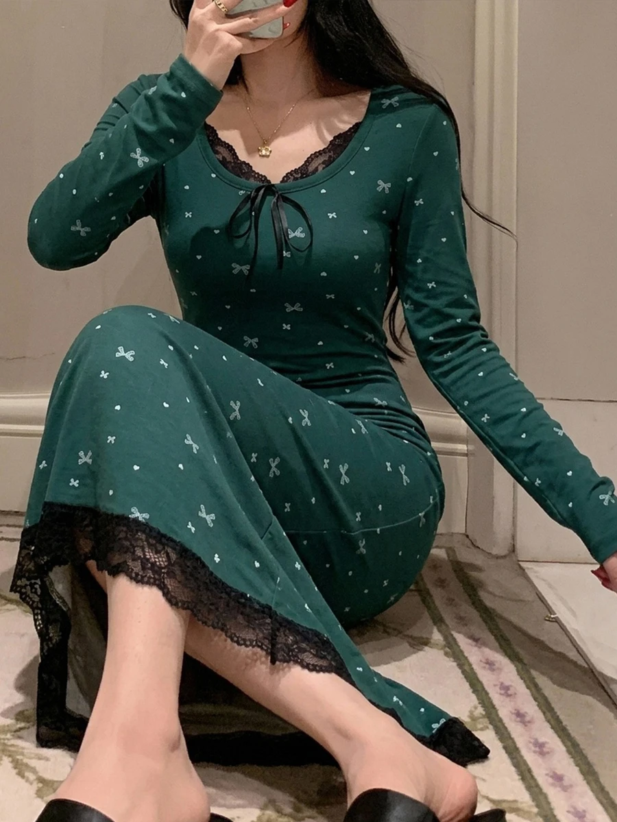 DAZY Autumn/Winter Bowknot Print Contrast Color Lace Patchwork Waist-Cinching Long Women's Nightgown - Dark Green - View 1