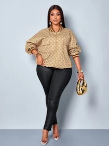 SOLERSUN Plus Size Women's Printed Baseball Jacket Short Zip-Up Jacket With Pocket Design Vintage Top Fall - Khaki - View 5