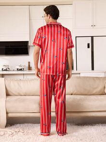 CoupledUp Men's Puppy Pattern All-Over Print Satin Short Sleeve Shirt Pajama Set - Red - View 3