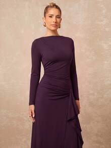 Lumalex Women's Long Sleeve Fitted Dress With Ruffle Hem, Asymmetrical Ruched Design And Side Slit HalloweenElegant Fashion Minimalist Casual Daily Commute - Red Violet - View 5