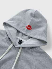 ROMWE MEN Men's Lip Embroidery Long Sleeve Drawstring Hoodie And Sweatpants Casual Set - Grey - View 4