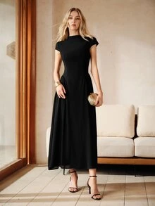 Anewsta Essential 女款優雅極簡黑色長洋裝，小立領知性秋季洋裝，適合晚餐派對與婚禮賓客穿著 - 黑色 - 查看 4