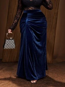 Maweii Plus Size Women's Vintage Ruched Drawstring Bodycon A-Line Velvet Solid Blue Skirt Fall - Blue - View 2