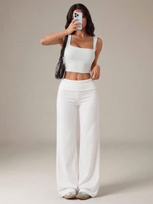 SHEIN Tall 黑色高腰寬腿寬鬆休閒長褲 - 白色 - 查看 6