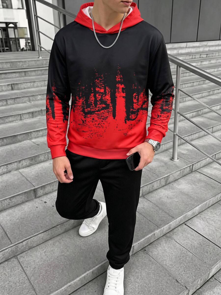 SHEIN 兒童青少年男孩休閒運動黑色連帽衛衣套裝,聖誕紅色衛衣,適合秋冬季、學校、家庭聚會、節日派對,秋季穿搭,冬季穿搭,男孩套裝兒童套裝 - 彩色 - 查看 1