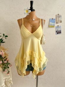 Soleia Plus Size Women's Lace Patchwork Asymmetrical Hem Cami Top - Yellow - View 7