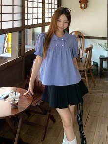 DAZY Women's Collared Plaid All-Over Print Fresh Korean Style Shirt Fall - Blue - View 4