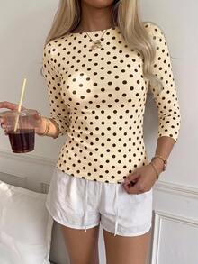 SHEIN EZwear 休閒極簡風 95%棉 性感露肩復古圓點 3/4袖短袖T恤，適合春夏穿搭，奶油黃顯白，夏季上衣，適合日常通勤、夏天、聖誕節、新年、感恩節、派對、婚禮、海灘、畢業典禮，時尚 - 彩色 - 查看 6