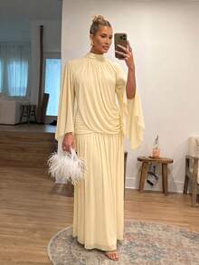 Lumalex Fall Winter Soft Comfortable Mesh Mock Neck Flowy Long Sleeve Ruched Draped Bodycon Dress With Flared Hem For Women Dawn-To-Gala Elegant Poised Let Yo - Apricot - View 10