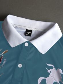 STYNVO 男士字母騎士圖案休閒日常長袖 Polo 衫 - 霧霾藍 - 查看 3