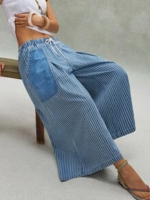 Bohemela Plus Size Loose Casual Patchwork Contrast Color Denim Pants - Blue - View 7