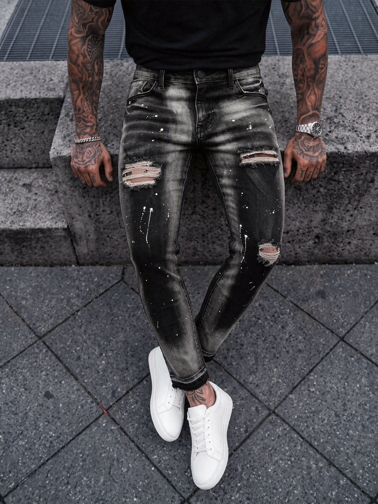 EGENSIO Quần jean denim nam dáng ôm slim fit, phong cách casual, mài wash rách bụi bặm - màu đen - Xem 3