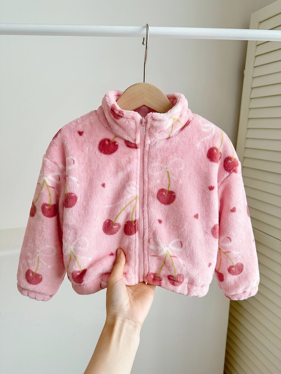 SHEIN LMoss Kids LMoss 女嬰可愛休閒愛心圖案毛絨立領夾克,適合秋冬穿著 - 粉色 - 查看 1