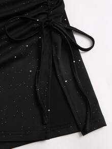 Sweetra New Shiny Fabric Party Evening Elegant Asymmetrical Shoulder Long Sleeve Cinched Waist Ruched Bow Tie Drawstring Side Slit Design Mini Dress - Black - View 4