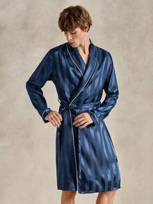 EverLounge Men's Comfortable Minimalist Satin Robe With Contrast Trim - Navy Blue - View 6