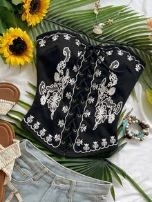 Soleia 女款度假休閒花卉刺繡交叉綁帶抹胸上衣 - 黑色 - 查看 3