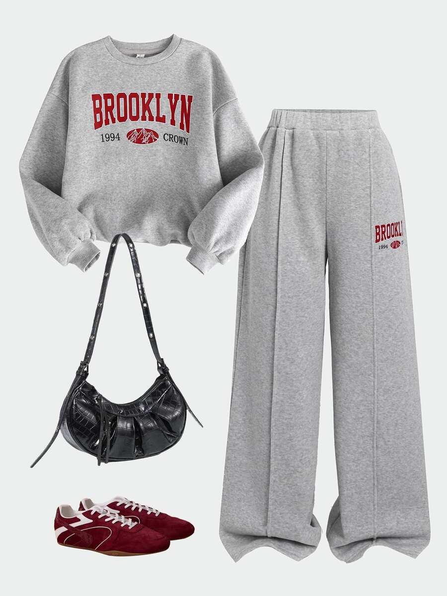 SHEIN Kids Tween Girls Thermal Tracksuit Oversized Letter Print Autumn Sweatshirt & Wide Leg Sweatpants 2pcs Set - Light Grey - View 1