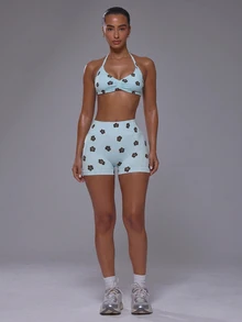 Musera Sport Tropical Flower Print Scoop Halterneck Ruched Bust Sports Bra With High Rise Fitted Active Mini Short Coord Sold As Set Active Sports Pilates Running - Blue - View 5
