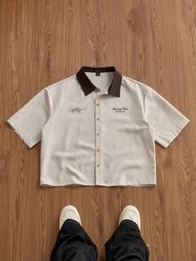 SWAVVY Kemeja Pria Model Single-Breasted dengan Motif Huruf Gaya Kampus - Aprikot - View 3