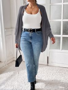 Shapeblank Cardigan Lengan Panjang Wanita Ukuran Besar Warna Polos Kasual Elegan Serbaguna untuk Sehari-hari, Cocok untuk Guru, Acara Formal, dan Keluar Rumah Warna Abu-abu Musim Gugur - Dark Grey - View 5