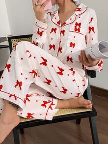 Napfluff Women's New Bow Print Casual Long Sleeve Pants Pajama Set - Red and White - View 1
