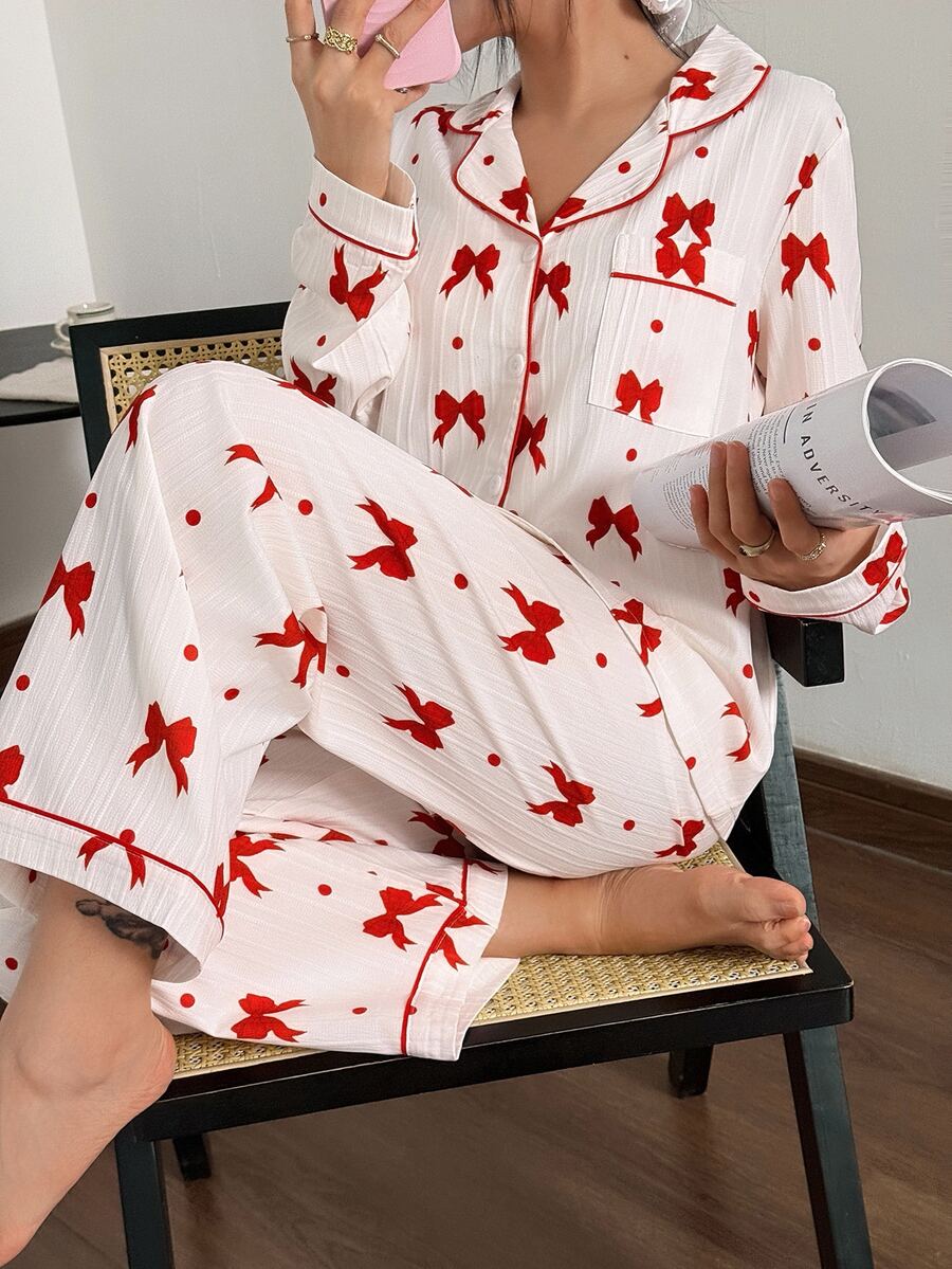 Napfluff Women's New Bow Print Casual Long Sleeve Pants Pajama Set - Red and White - View 1