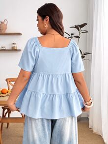 Enliva Blusa de talla grande con cuello cuadrado, ajuste holgado, volantes escalonados y manga corta - Azul - Ver 2