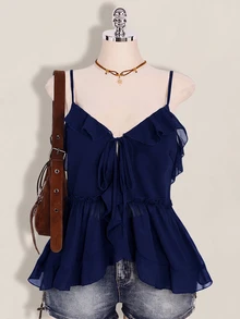 SHEIN ICON 女款大尺碼荷葉邊雪紡細肩帶背心 - 藏蓝色 - 查看 1