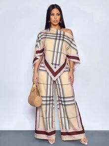 SOLERSUN 性感成熟端莊優雅女款經典格紋不對稱下擺不對稱肩上衣與長褲兩件套休閒度假米色夏季早午餐穿搭 - 卡其色 - 查看 5