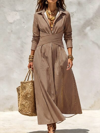 SHEIN Holidaya Nuevo vestido largo elegante vintage para mujer con rayas verticales, solapa, lazo cruzado y cintura ceñida, estilo commuter