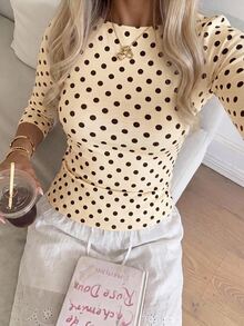 SHEIN EZwear 休閒極簡風 95%棉 性感露肩復古圓點 3/4袖短袖T恤，適合春夏穿搭，奶油黃顯白，夏季上衣，適合日常通勤、夏天、聖誕節、新年、感恩節、派對、婚禮、海灘、畢業典禮，時尚 - 彩色 - 查看 3