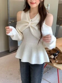 DAZY Sweater Wanita Lengan Panjang Model Korea Kerah V dengan Pita untuk Musim Gugur/Dingin - Putih - View 7