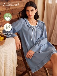 Lullawish Vestido de Loungewear Feminino Boêmio com Babados, Patchwork, Confortável, Mistura de Algodão, Caimento Solto - Azul Empoeirado - Visão 4