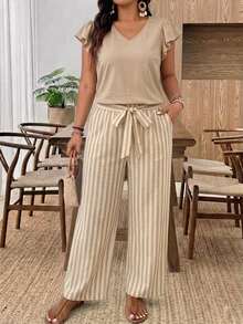 Melodosi 2pcs Women's Plus Size Bohemian Light Khaki Solid Color Top And Striped Pattern Pants Set, Autumn/Winter Fashion New Style - Khaki - View 4