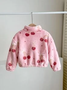 SHEIN LMoss Kids LMoss 女嬰可愛休閒愛心圖案毛絨立領夾克，適合秋冬穿著 - 粉色 - 查看 4