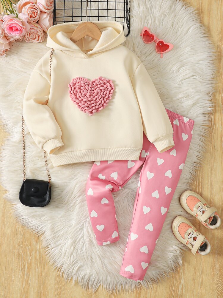 Setelan Sweatshirt & Celana Motif Hati untuk Anak Perempuan, Desain Hati Bordir 3D, Atasan Lengan Pendek Kerah Bulat, Atasan Pullover Rajut Lembut, Celana Panjang Pinggang Elastis, Setelan 2 Potong - Berwarna merah muda - View 6