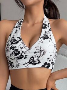 Livesso Floral Pattern Seamless Padded Backless Sports Bra For Women - Black and White - View 6