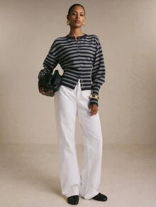 Poéselle 女款復古條紋拼色單排扣針織開襟衫 - 藍色 - 查看 4